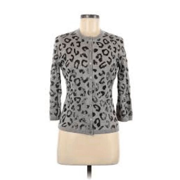 Halogen Women Gray Leopard Sequin 3/4 Sleeve Cardigan Size S - Picture 1 of 12